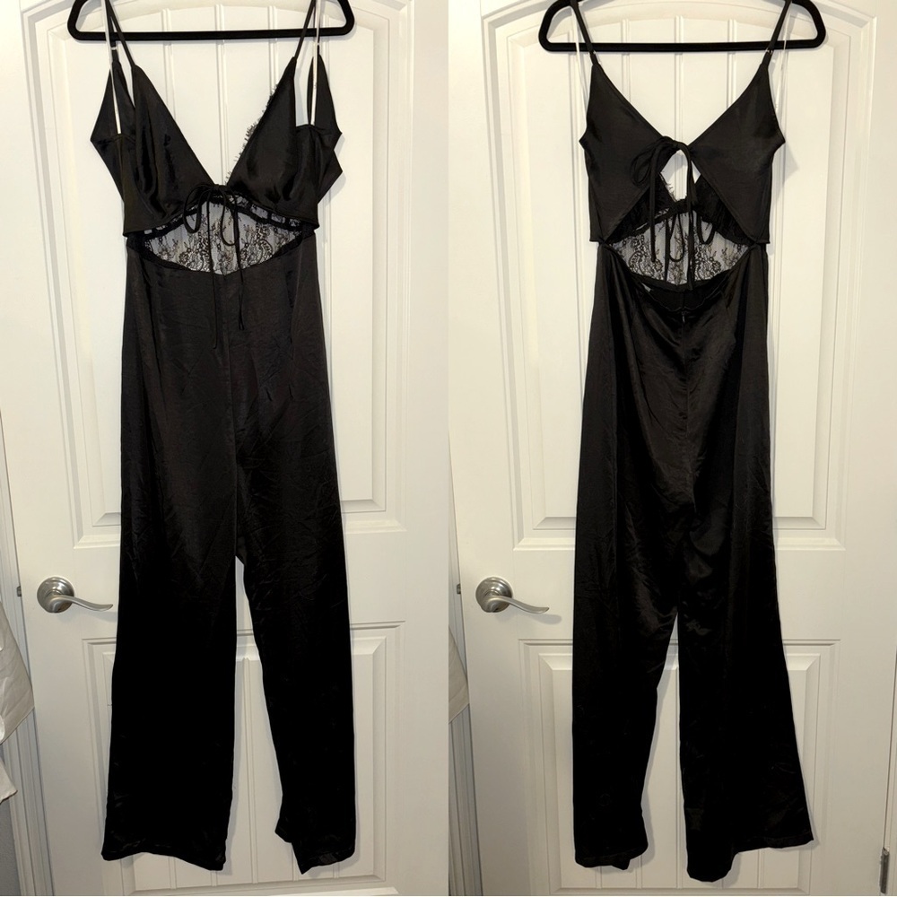 Size M - Lulus Undeniable Passion Black Satin Lace Tie-Front Cutout Jumpsuit - Picture 5 of 9